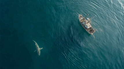 Obraz premium Aerial View of a Shark Swimming Near a Fishing Vessel in Deep Blue Ocean Water