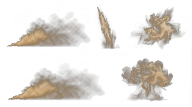Realistic photograph of a collection of dynamic sand and dust explosion effects isolated on a transparent background.