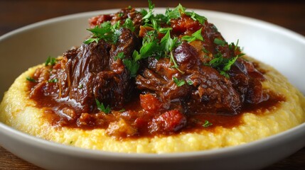 Fototapeta premium Savory Beef Stew Over Creamy Polenta with Fresh Herbs Garnish in Elegant Plate Presentation