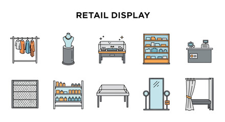 A collection of ten line art icons depicting various retail display fixtures and equipment © Kenywanch