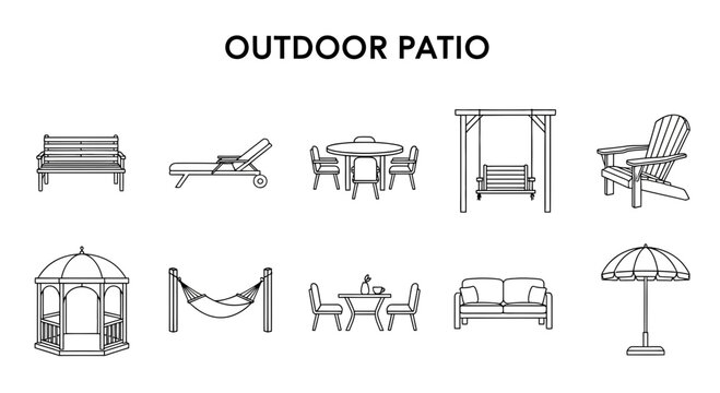 Black and white line art icons representing various outdoor patio furniture and structures