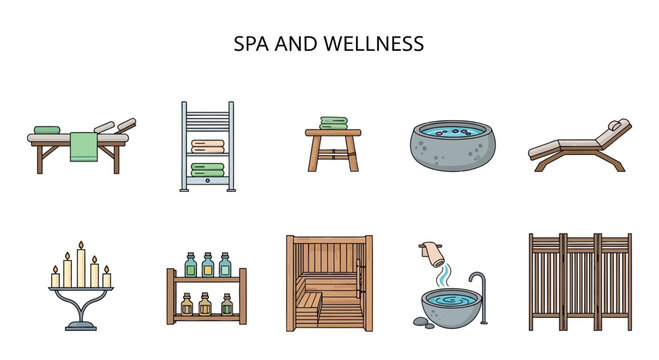 Collection of ten flatstyle icons related to spa and wellness facilities