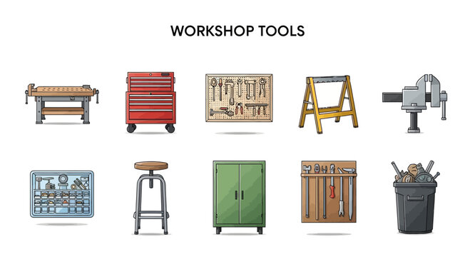 Workshop tools illustrated with a workbench toolbox pegboard sawhorse vise storage stool cabinet and trash can