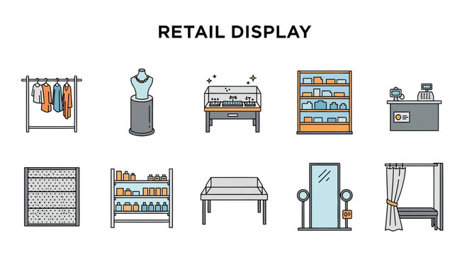 A collection of ten line art icons depicting various retail display fixtures and equipment