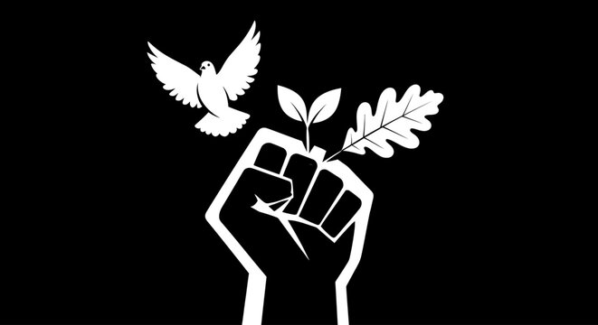 Symbolic image of a raised fist holding a dove and oak leaves, representing peace, nature, and activism
