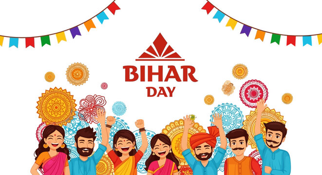Vibrant illustration of people celebrating Bihar Day with colorful decorations and traditional attire, conveying a joyful cultural mood.