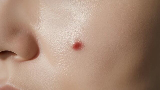 Macro close up of a red inflamed acne pimple on a woman's face.