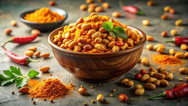 A photo of crunchy, spicy peanut masala, groundnuts in a bowl, with colorful spices scattered around it