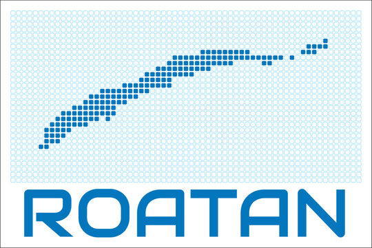 Roatan digital style map with blue rounded rectangle dots. Honduras. Dotted shape of the island. Roatan blue colored map and title on white background. Amazing Vector Illustration.