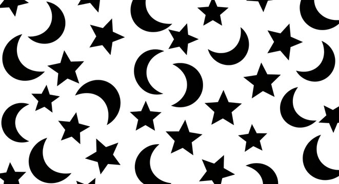 Seamless pattern with hand drawn black crescent moons and stars on a white background for textile design or wrapping paper