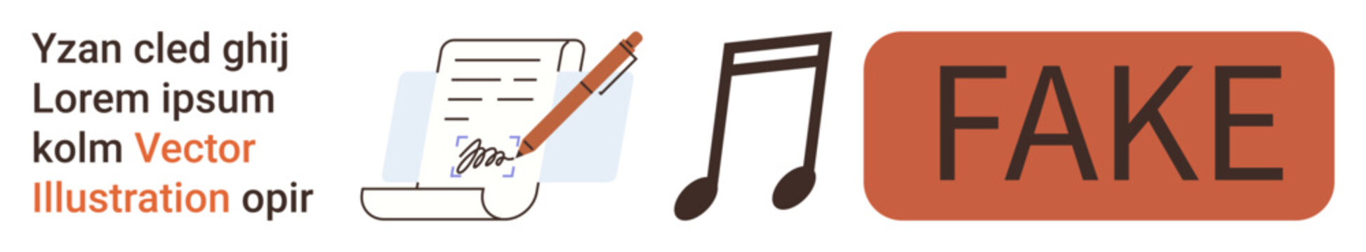 Fake news, misinformation, copyright infringement, intellectual property, fraud detection, digital media. Document, music note and fake label . Fake news and misinformation concept