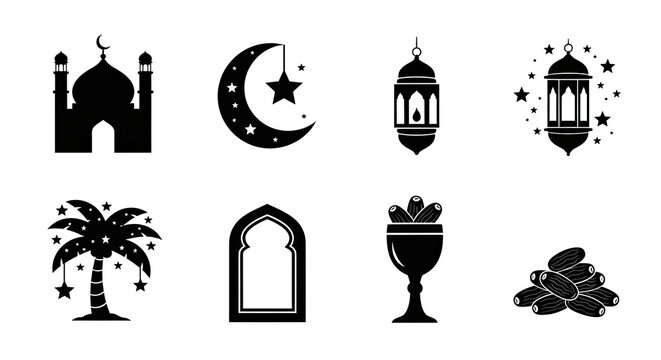 Set of black silhouette icons for ramadan kareem featuring mosque crescent moon lantern palm tree archway cup and dates fruit