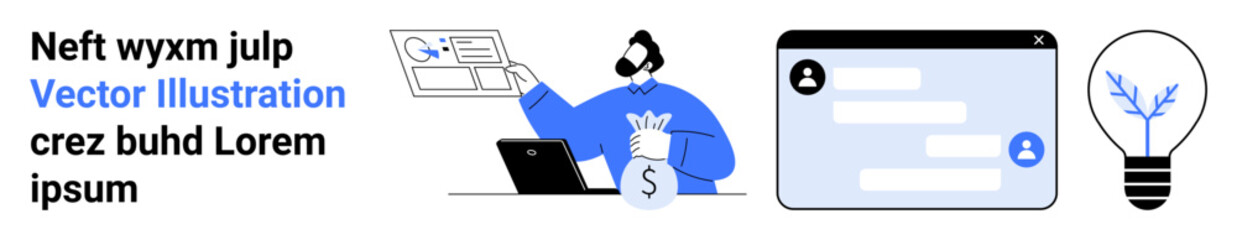 Obraz premium Business solutions, technology innovation, online communication, financial transactions, creative ideas, user interface. A person with financial documents, a chat interface, and a light bulb