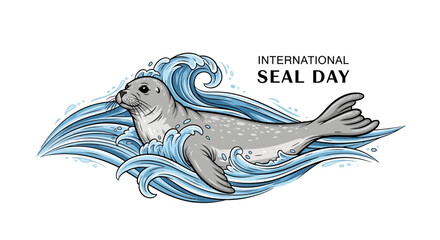 Vector illustration of a seal swimming in waves on International Seal Day with a conservation awareness theme and marine mammal protection message. © Fasuga