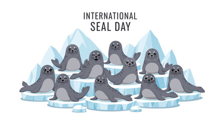A digital illustration of a group of seals on icebergs for International Seal Day with a conservation awareness theme. © Fasuga