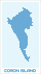 Obraz premium Coron Island digital style map with blue rounded rectangle dots. Philippines. Dotted boundary shape. Coron Island blue colored map and title on white background. Amazing Vector Illustration.