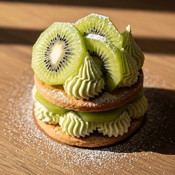 A delicious dessert with kiwi slices on top sits on a wooden surface.