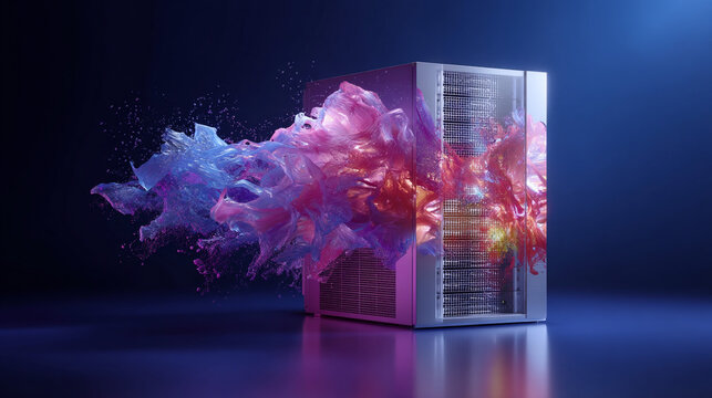 Futuristic server cabinet processing big data with energetic, colorful abstract flows, symbolizing high-performance computing and innovation.