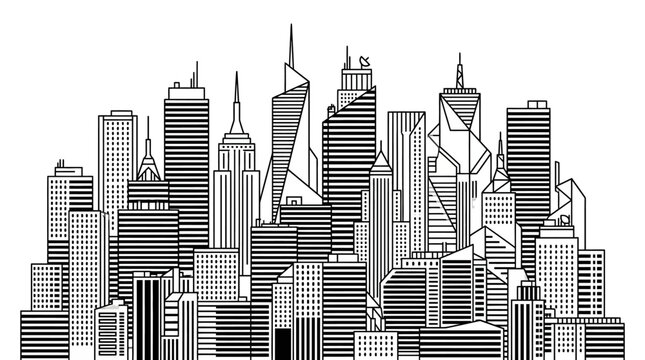 Modern City Skyline Illustration with Varied Buildings on Isolated White Background, Urban Development Landscape