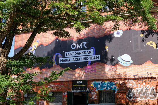 HAMBURG, GERMANY - 12. June 2025: OMR Podstars GmbH building exterior. Advertisement of the media company in the Lagerstrasse at the Sternschanze.