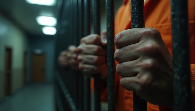 Man in orange jumpsuit holds jail bars tightly. Prisoner hands grip iron fence in dark cell. Inmate feels despair, trapped by law, wanting freedom.