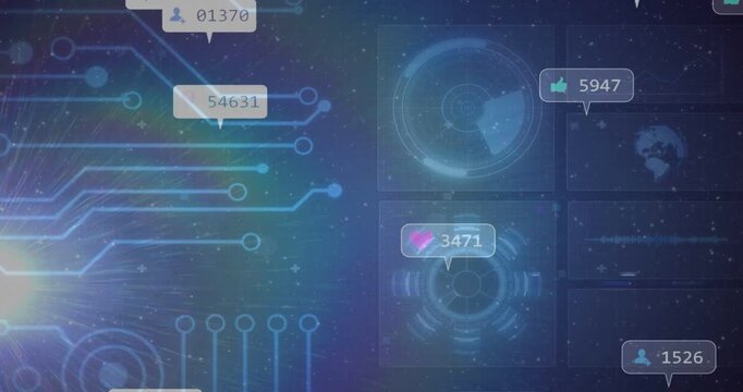 Vertical video: Flowing badges along neon traces from left flare in network UI, showing counts