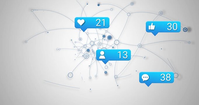 Vertical video: Expanding after alert arriving, hub network growing on gray screen with blue badges