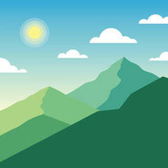 Fototapeta premium Stylized green mountain range under a clear blue sky with sun and clouds
