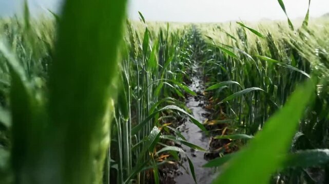 Rain-kissed wheat field with narrow waterway in between rows, lush green landscape panorama