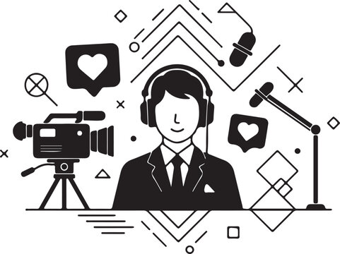 A minimalist illustration of a news broadcaster with headphones, camera, microphone, and social media elements, representing a broadcasting setup.