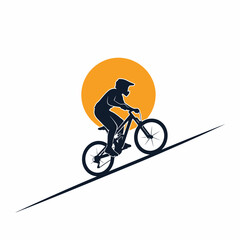 Naklejka premium Mountain bike rider silhouette jumping over sun background