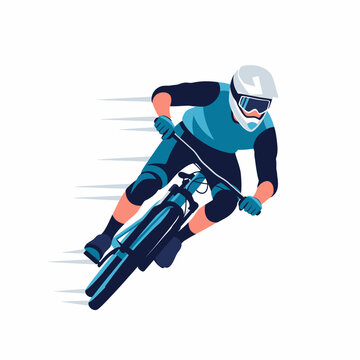 Dynamic mountain biker performing sharp turn on white background