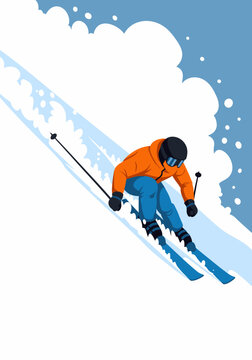 Professional alpine skier in orange jacket descending steep slope
