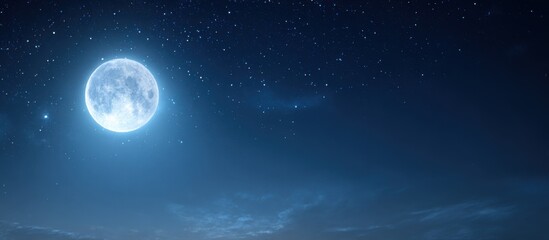 Fototapeta premium Bright full moon glowing on the left of deep blue night sky with soft clouds and countless tiny stars, serene midnight scenery for peaceful themed design