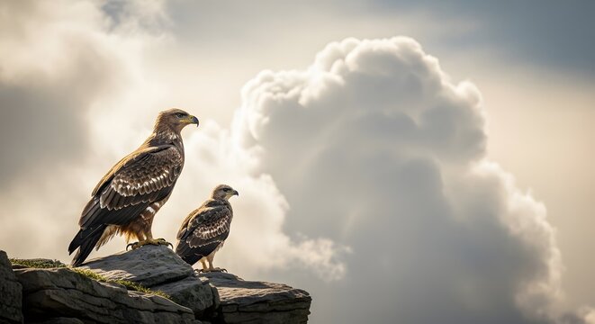 Two hawks perched on a rocky outcrop against a cloudy sky