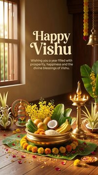 Traditional indian vishu celebration setup with fruits and flowers on wooden table