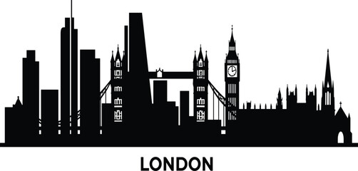 Naklejka premium London city skyline silhouette featuring Tower Bridge, Big Ben and historic architecture, famous United Kingdom landmarks urban cityscape vector illustration isolated on white backgroun