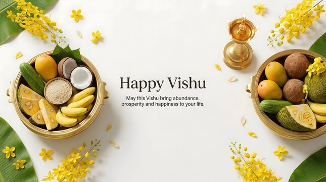 Happy vishu celebration with traditional indian fruits and flowers arrangement