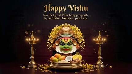 Fototapeta premium Traditional indian vishu festival face decoration with candles and fruits