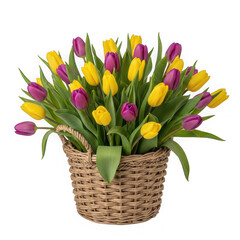Obraz premium A bouquet of yellow and purple tulips in a basket isolated on transparent background