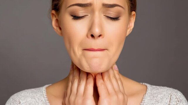 Young woman with hands on neck expressing concern or discomfort