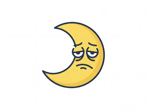 A cartoon moon with a frowning face is depicted in a simple graphic style.