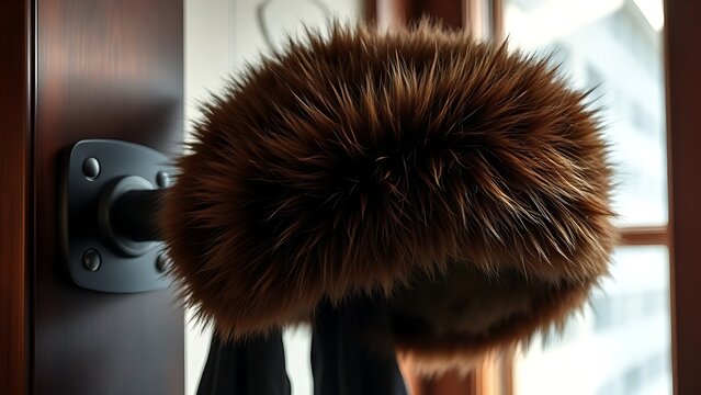 bearskin. Deep brown bearskin ushanka hat resting on a dark wooden coat rack. wildlife magazines, conservation campaigns, designed for wildlife conservation campaigns and eco-tourism storytelling.