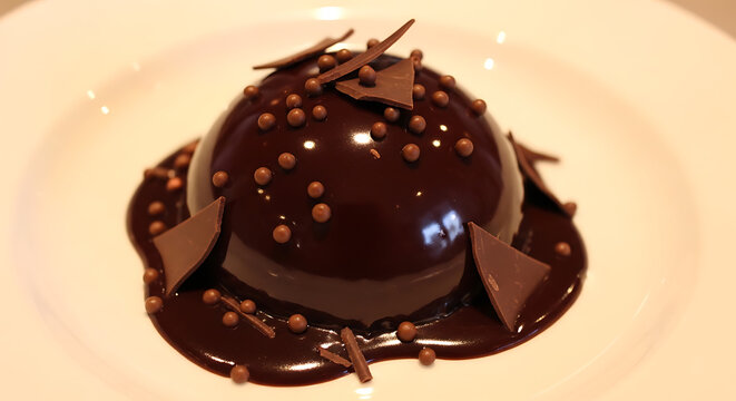 A glossy chocolate dome dessert with chocolate pearls and shards on transparent background