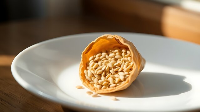 beniseed. A dried sesame pod split open on a white plate, revealing tiny seeds. gardening catalogs, home-decor guides, designed for home decor and floral branding, used by chefs.