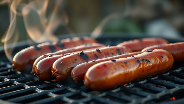 chipolata. Glossy sausages on a charcoal grill with rising smoke in warm light. menu design, packaging mockups, designed for food delivery and cloud-kitchen brand materials.