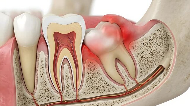 Anatomical Cross Section of a Human Jawbone Illustrating Impacted Wisdom Tooth Causing Inflammation and Pain in the Gums with Detailed Tooth
