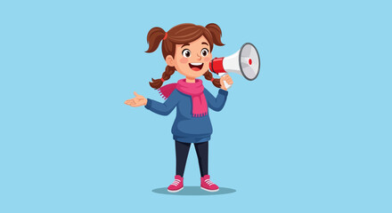 Little Girl Holding Megaphone Loudly.