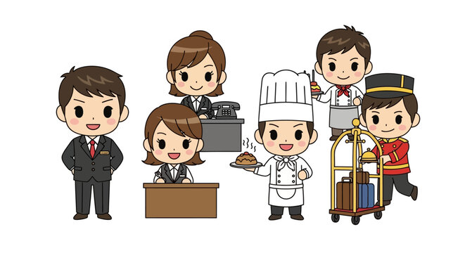 Hotel staff cartoon characters standing.