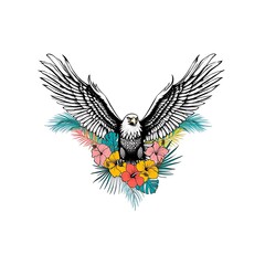 Naklejka premium Striking bald eagle with outstretched wings surrounded by vibrant tropical flowers and palm leaves, showcasing nature's majestic beauty